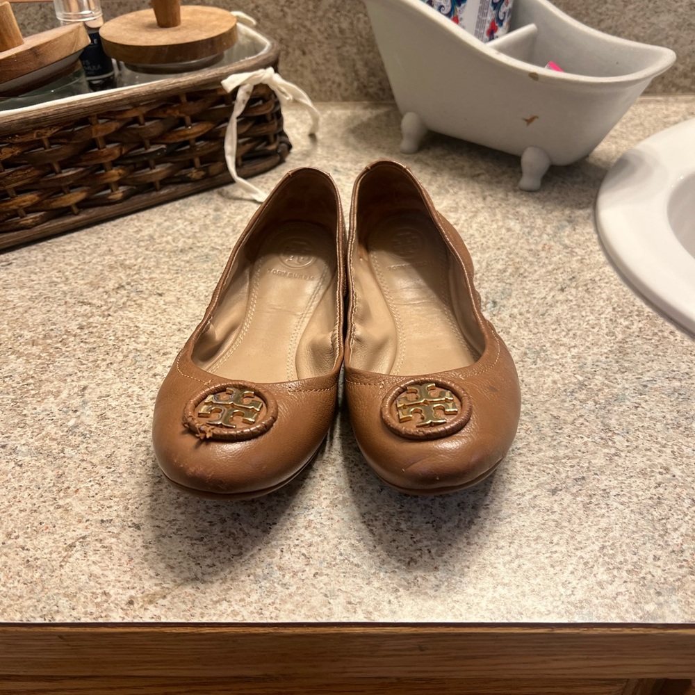 Tory Burch Brown Leather Flats with Medallion Embellishment